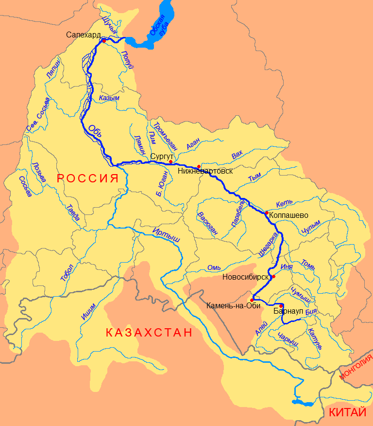 Река Обь на карте